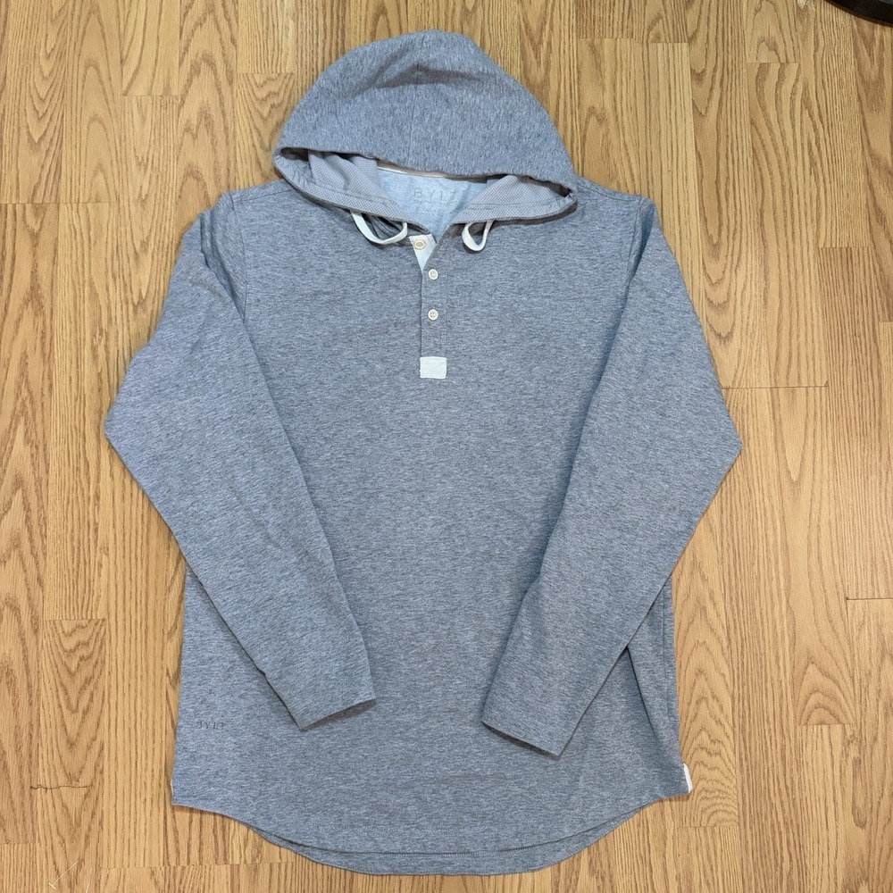 BYLT Men's Drop Cut Hooded Henley Gray Size Medium Drawstring Logo Long Sleeve